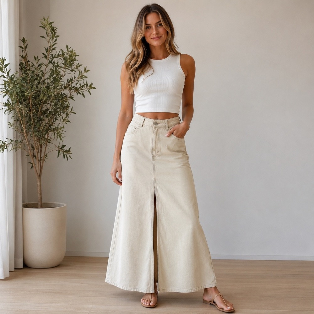 We The Free Denim Maxi Skirt Womens 10 Tan Cotton Boho Slit High Rise Long Skirt